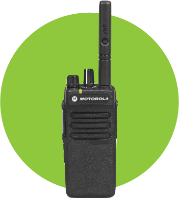 Motorola VHF portable two-way radio for clear and reliable communication, displayed on a green background.