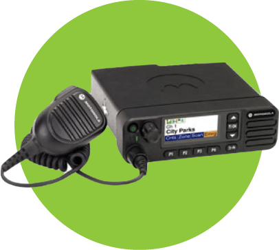 Motorola XPR5350e, a mobile two-way radio for effective communication, displayed on a green background.
