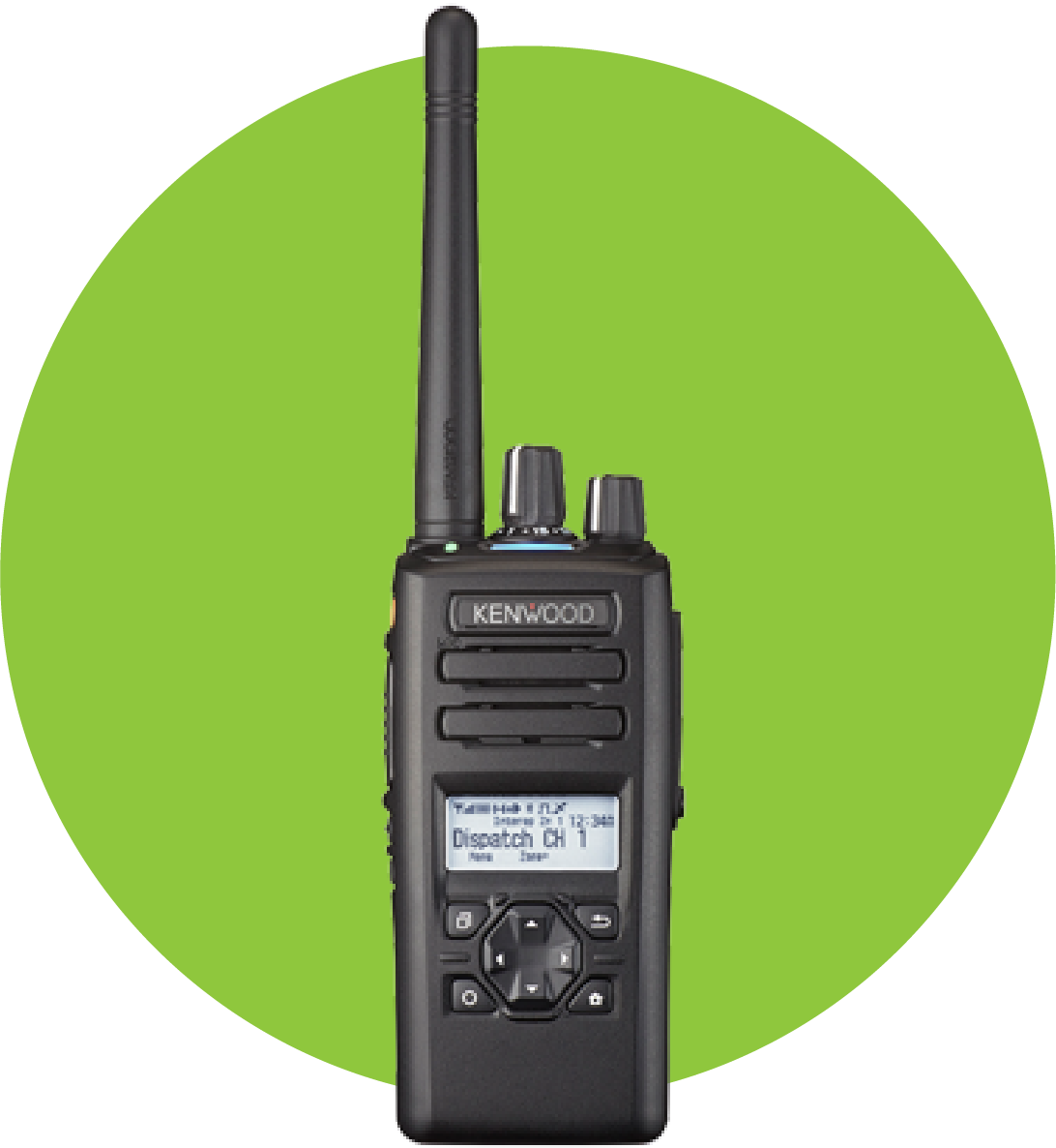 Kenwood NX-3000, a durable and versatile portable two-way radio for communication, is shown on a green background.
