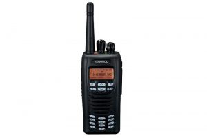Kenwood two-way radio with an orange display screen, designed for reliable communication.

