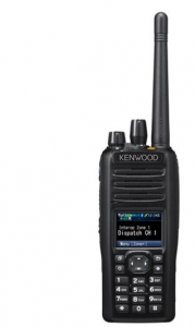Kenwood portable two-way radio with a blue display screen, ideal for clear communication.
