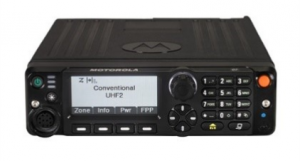 Motorola mobile two-way radio with a clear display screen, designed for conventional UHF communication.
