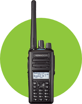 Kenwood NX-3200/3300, a UHF/VHF portable radio for robust communication, shown on a green background.