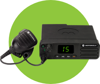 Motorola XPR 5380e, a mobile two-way radio designed for effective communication, shown on a green background.