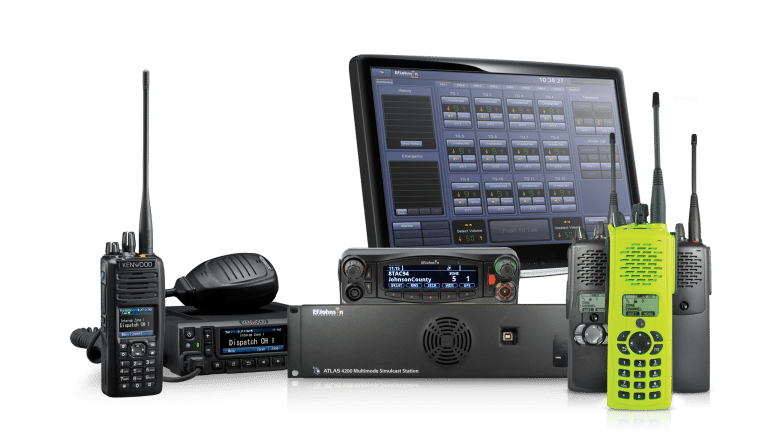 A display of various Kenwood mobile and portable radios.