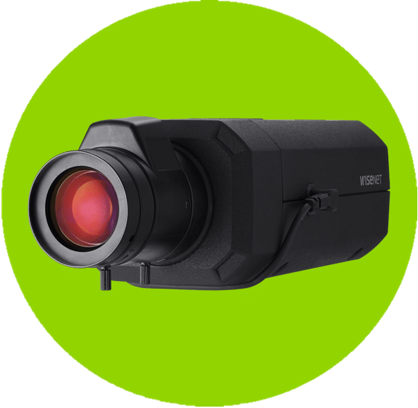 A different bullet video security camera, which is part of a video security, or CCTV, system. Another Hanwha Vision model, black in color.