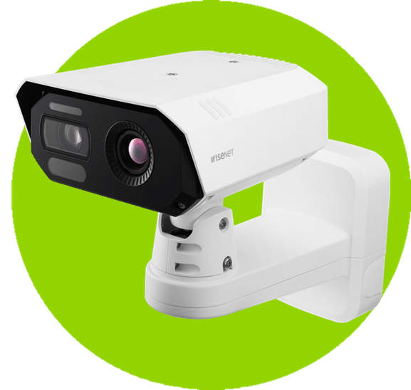 A different bullet video security camera, which is part of a video security, or CCTV, system. Another Hanwha Vision model