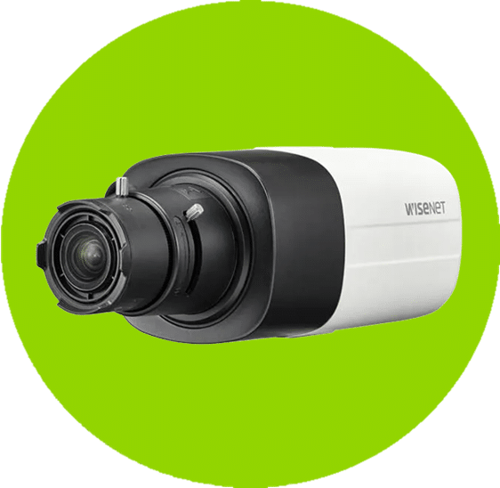 A bullet video security camera, which is part of a video security, or CCTV, system. Hanwha Vision